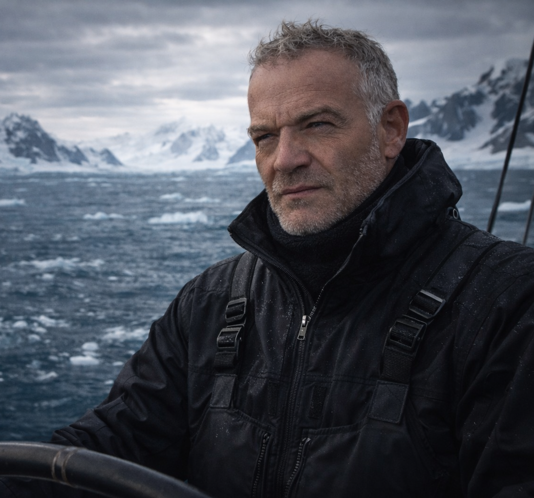 Le Captain à la barre en mer formée